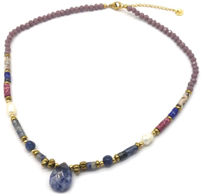 Ketting met Kralen - RVS - Lengte 40-46 cm - Blauw en Paars