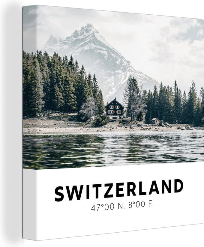 Canvas Schilderij Zwitserland - Berg - Chalet - 50x50 cm - Wanddecoratie