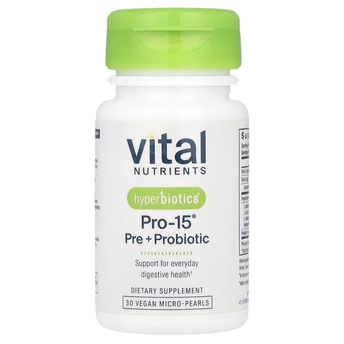 Essentiële Voedingsstoffen, Hyperbiotics®, Pro-15®, Prebioticum + Probioticum, 30 Vegan Micro-Parels
