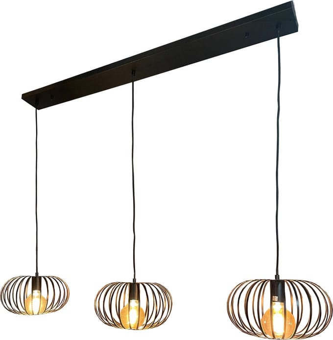 Mbc light - hanglamp 3 lichts cage - zwart metaal - 120cm lang - 180cm hoog max
