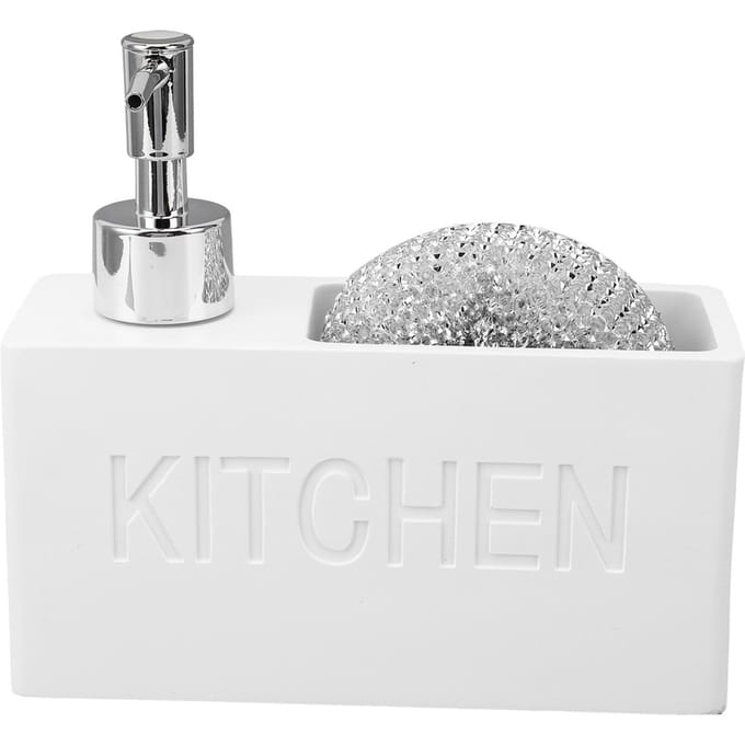 Keukenzeepdispenser met Sponshouder Druktype Afwasmiddeldispenser Pompfles met Staal white