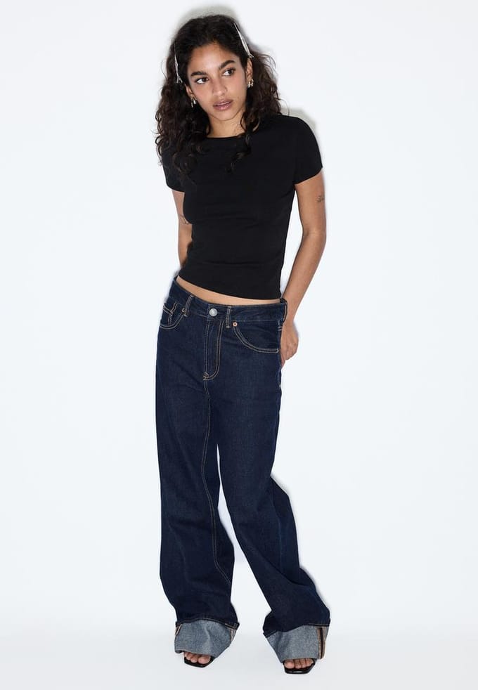 Stradivarius D92 straight wide jeans met scheuren  VERBLEEKTE DENIM WASSING 44