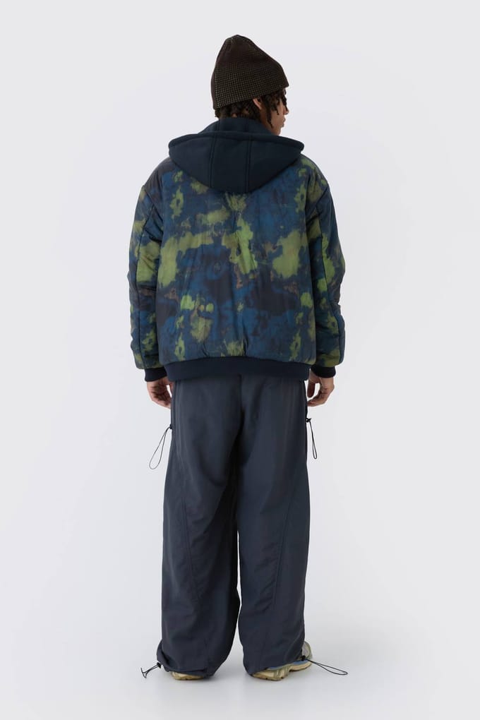 Oversized abstracte print met capuchon bomberjack in marineblauw | Navy | Size Medium