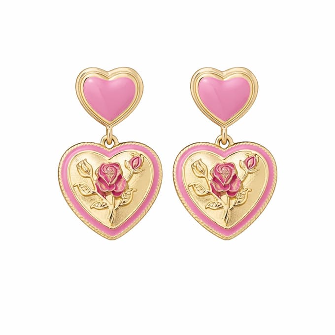 Goudkleurige oorbellen met hart in roze emaille en roos