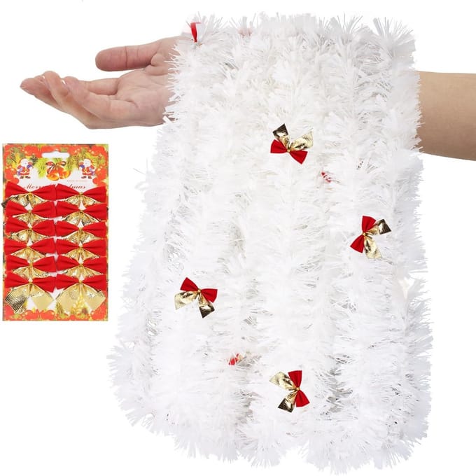 4 Stuks Witte Kerstslinger 2 Meter Lang - Dikke Metallic Lametta met Strikken en Sneeuwvlokken