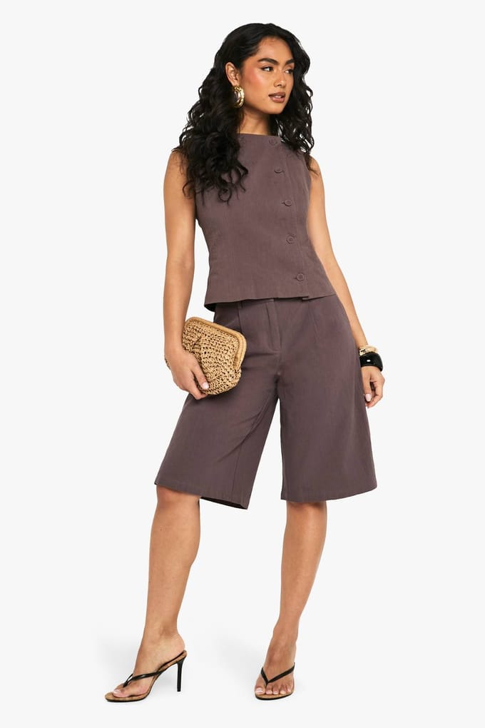 boohoo Dames Linnen Asymmetrisch Getailleerde Weste | Chocoladebruin | Maat: 34