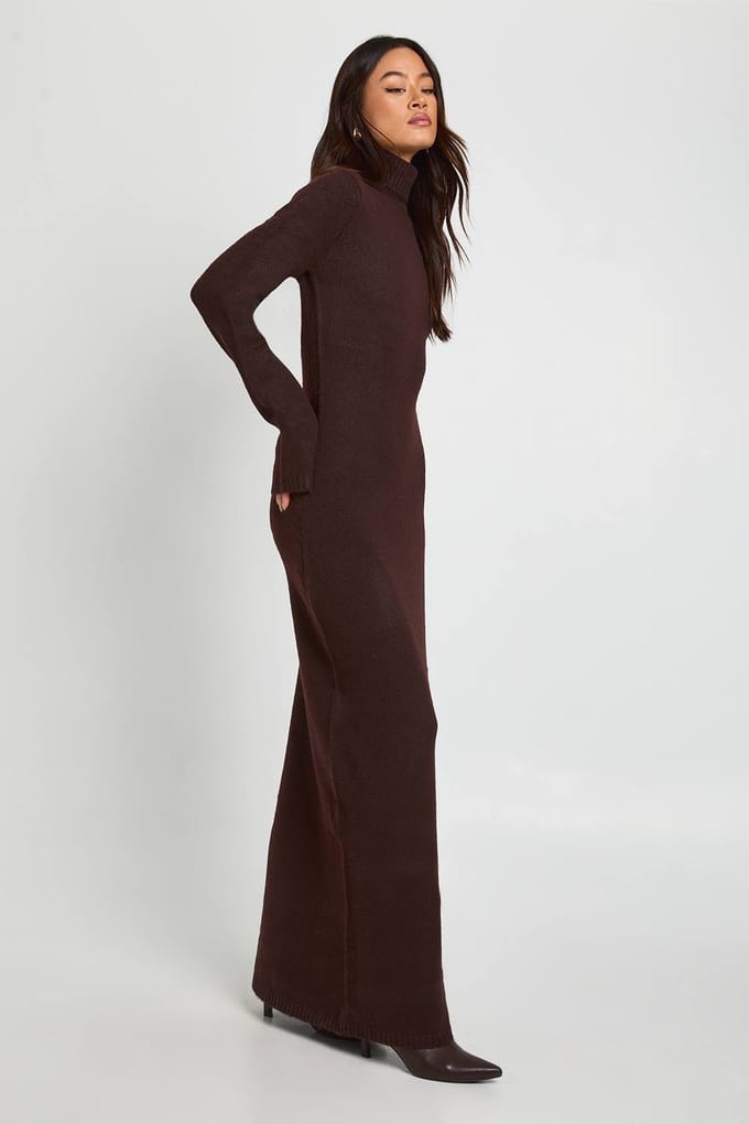 boohoo Dames Hoge rolhals superzachte gebreide maxi-jurk | Chocoladebruin | Maat: Small