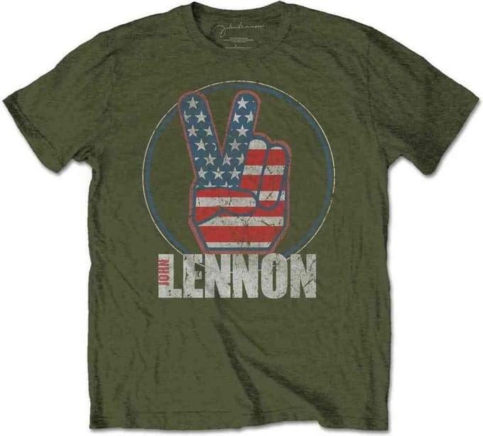 John Lennon - Peace Fingers US Flag Heren T-shirt - S - Groen