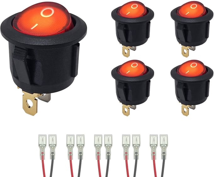 ProRide Wipschakelaar ON-OFF KCD2-220 - met Aansluitkabels - Rond - 3 pins - 250V/6A - Rood - 5 stuks
