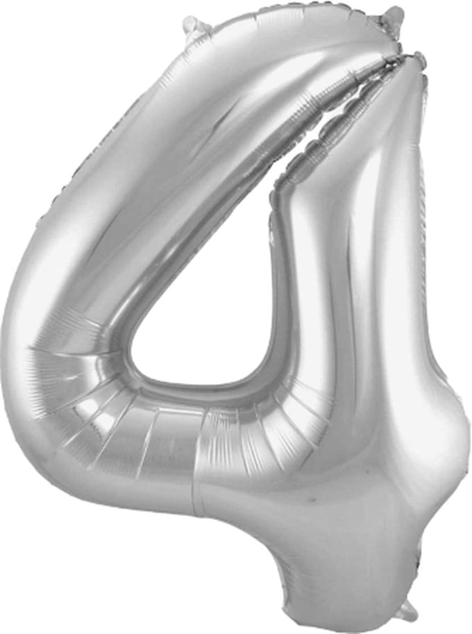 Folieballon - cijfer 4 - zilver - 86cm