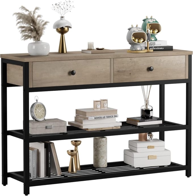 Consoletafel, haltafel, 2 lades en 2 planken van metaalgaas, 101 x 30 x 81 cm, bruin