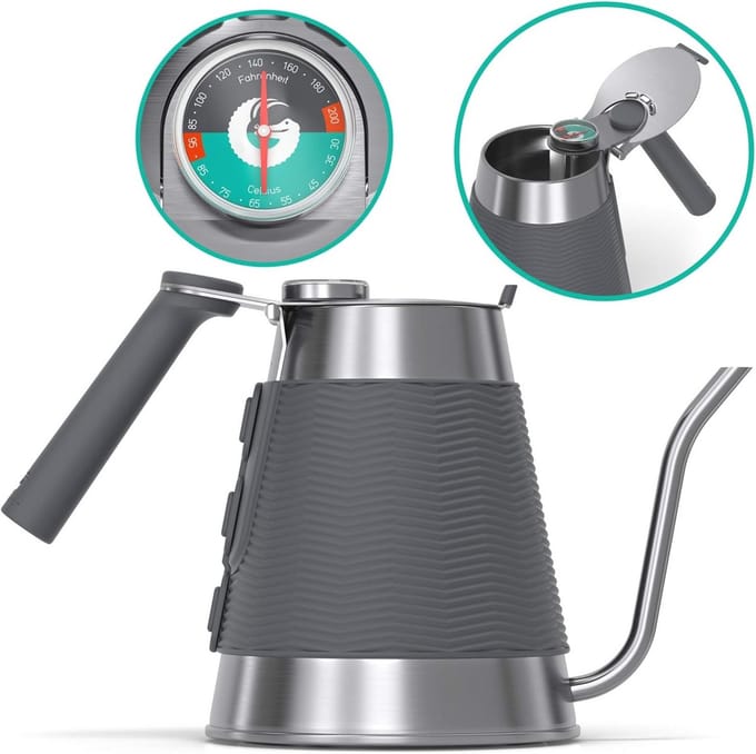 Coffee Gator True Brew Gooseneck Kettle, 1.5 Litres, Hob 17.8 cm and Induction Kettle with Integrated Thermometer
