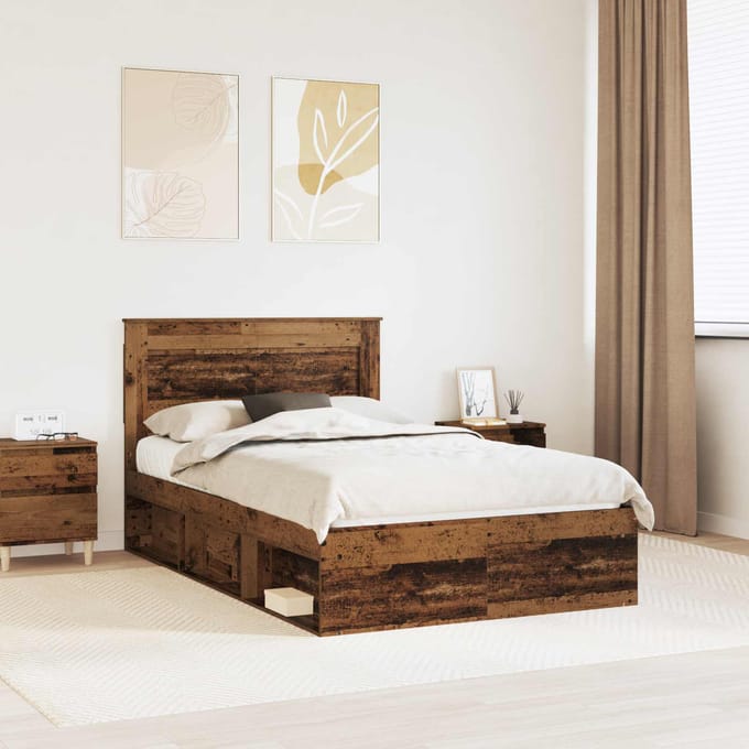 vidaXL - Bedframe - met - hoofdeinde - Oudhout - 135 - x - 190 - cm - Massief - grenenhout