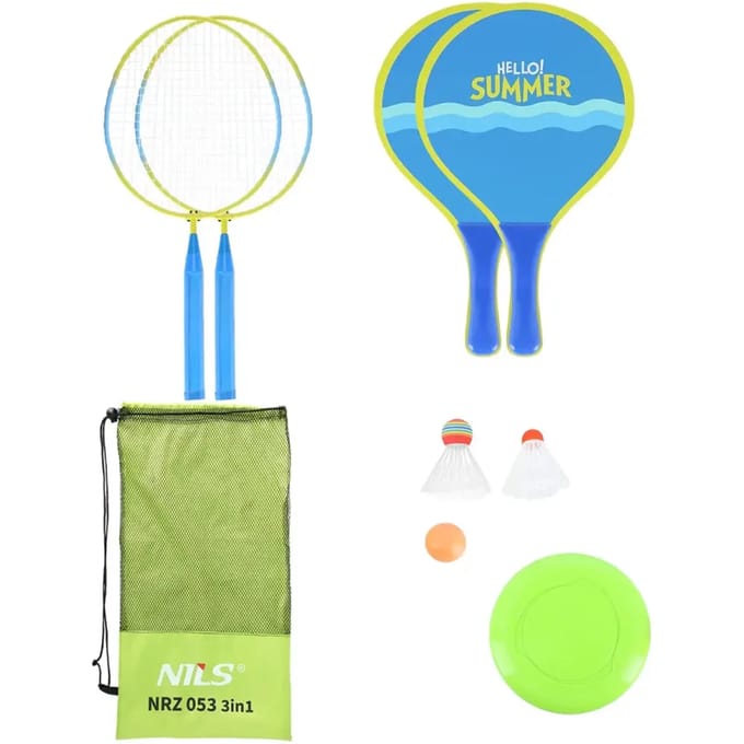 Badminton-/strandracket + 3 shuttlecocks + kind frisbee NILS NRZ053 Frizbi (x7)