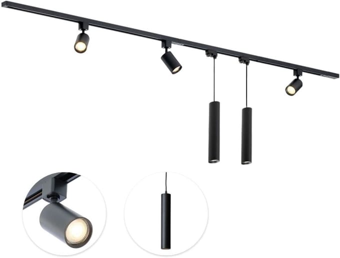 Qub Focus Railverlichting - Zwart - 200 cm - I-Vorm - 3 Spots & 2 Hanglampen - Dimbaar - Complete Set
