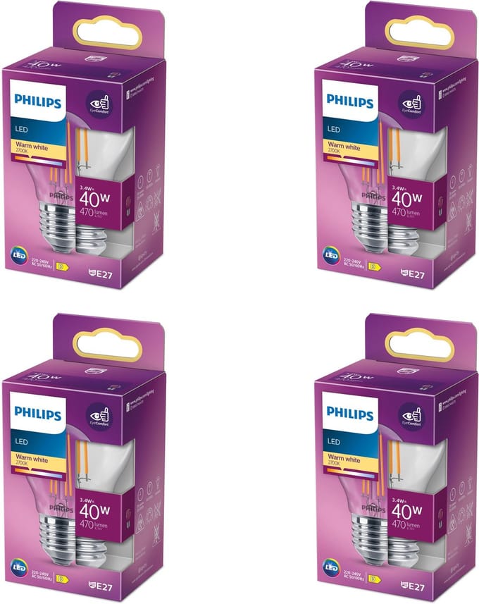 Philips Voordeelverpakking - E27 - LED Kogellamp - Helder - 40W - Niet Dimbaar - Warmwit Licht - Set van 4 Stuks
