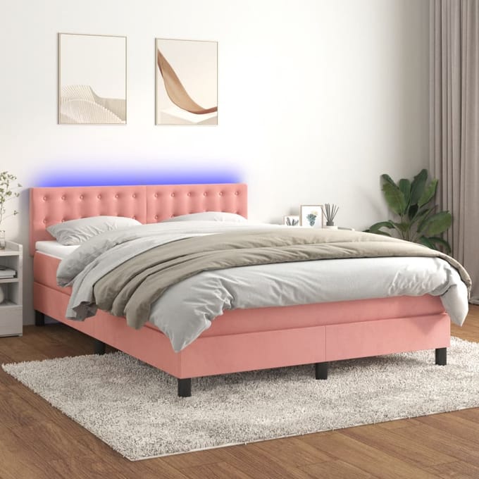 vidaXL - Boxspring - met - matras - en - LED - fluweel - roze - 140x200 - cm