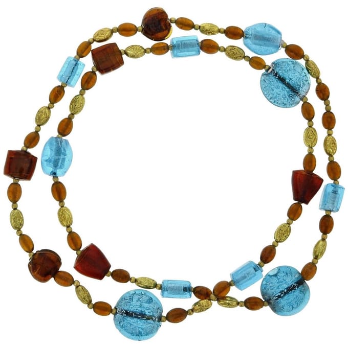 Behave - Lange ketting met bruine en blauwe glaskralen - 123 cm