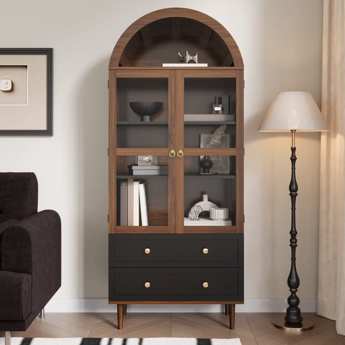 Sideboard met Gewelfde Glasdeuren, Noten Look, Retro Design, Verstelbare Planken, Gouden Accenten, Woonkamer Opbergmeubel