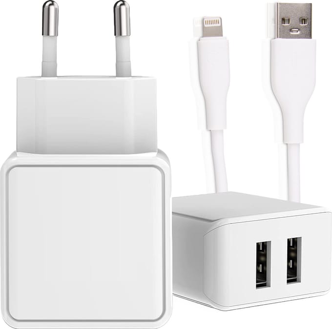 Usb adapter 2 Poorten + Oplaadkabel geschikt voor iPhone 14 /13 /12 / 11 / X / 8 / 7 / SE / - Usb-A naar Lightning Kabel - 1 Meter
