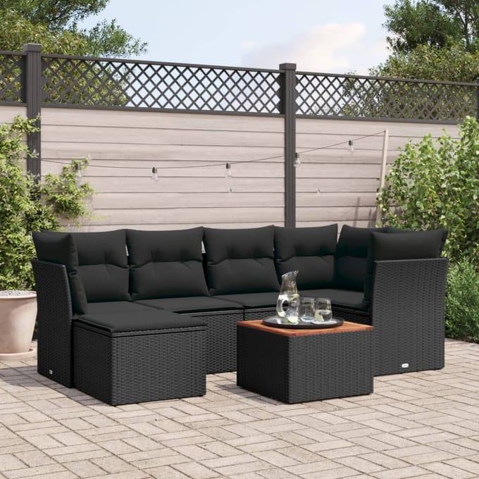 vidaXL - 7-delige - Loungeset - met - kussens - poly - rattan - zwart