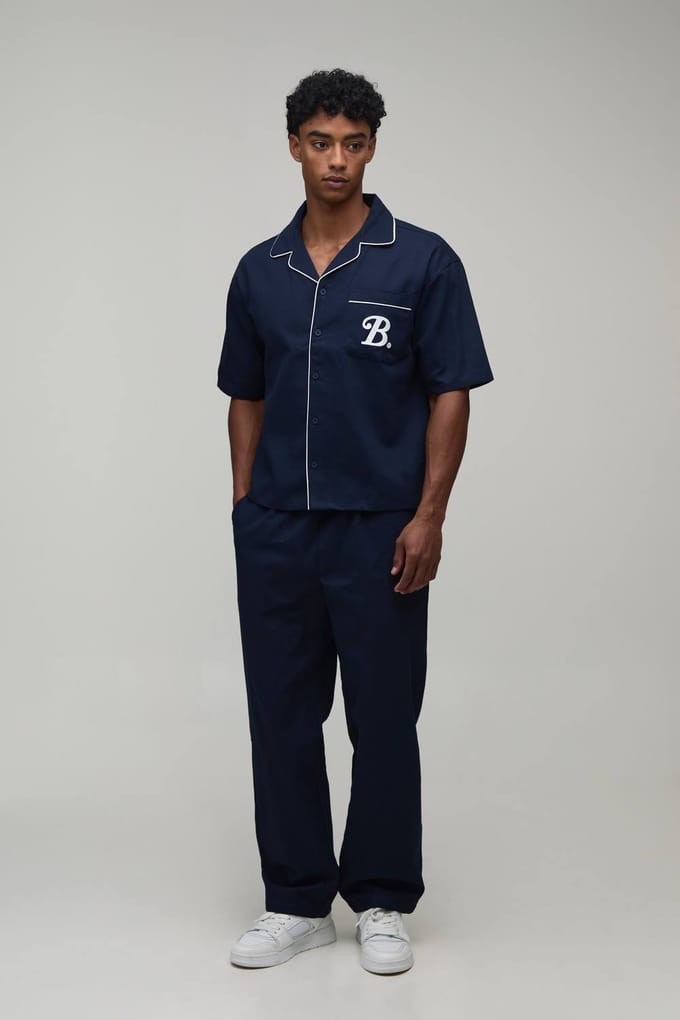 Oversized Shirt Met Zakdetail En Ontspannen Broek Set In Twill | Navy | Size Medium