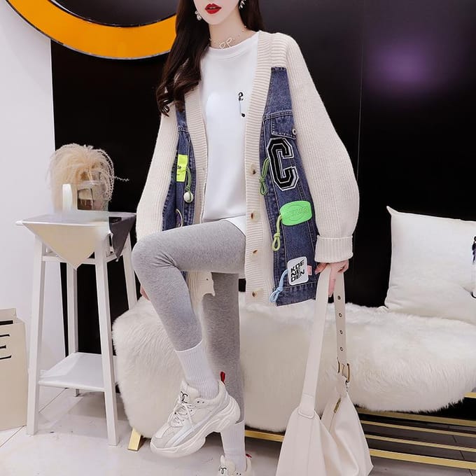 Winter Herfst Dames Grote Maten Denim Patchwork Truien Patch Jas Gebreide Mode Oversized Casual Jas Losse Vest Trui One Size white