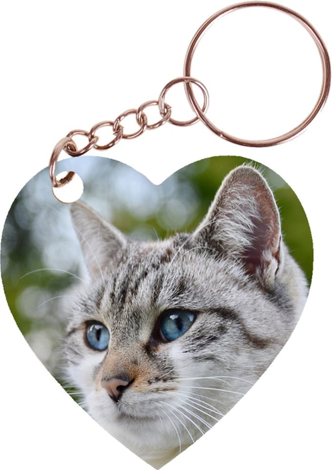 Sleutelhanger hartje 5x5cm - Poes Wit/Tijger Close-up