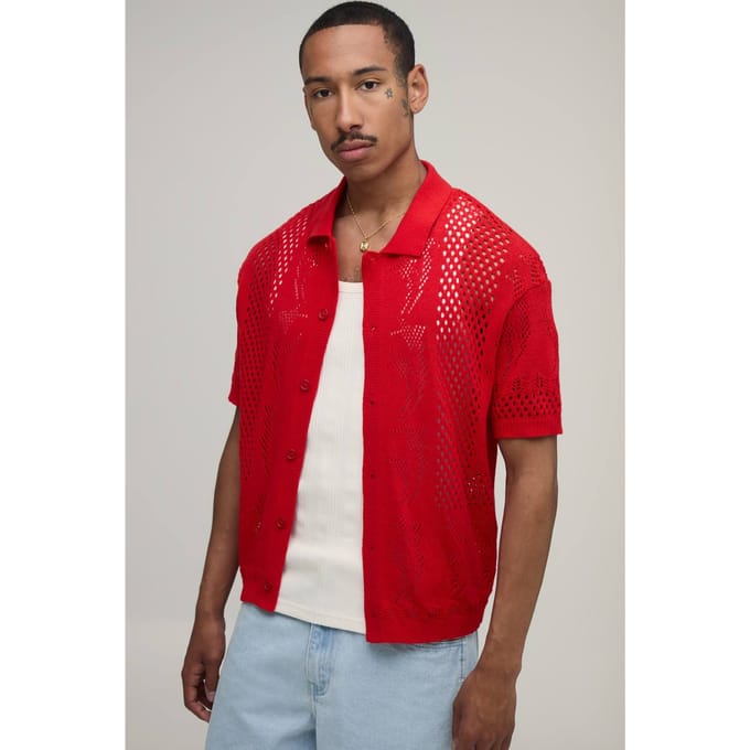 Ontspannen Gebreid Overhemd Met Open Steek En Sterdetail | Red | Size Medium