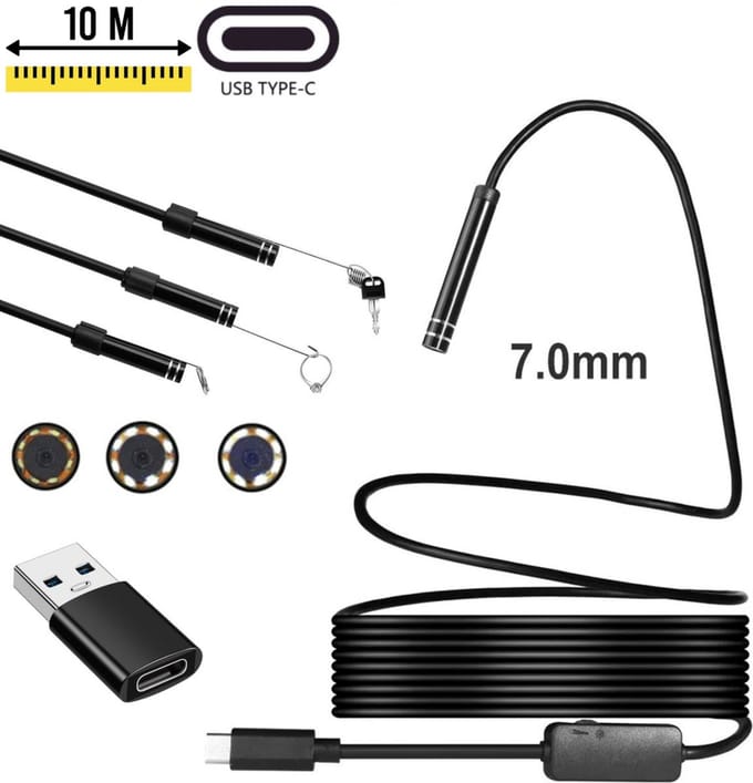 Endoscoop - Inspectiecamera USB - USB-C - Inspectiegereedschap - 7mm kop - flexibele HD - 10M kabel - waterproof - 6 LED Verlichting