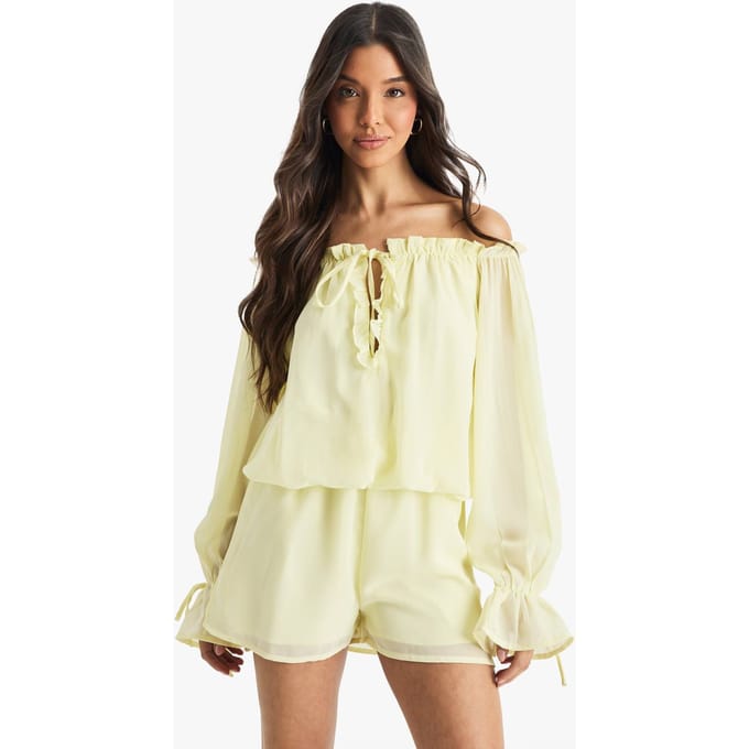 boohoo Dames Chiffon Bardot Playsuit met Lage Taille | Citroen | Maat: 38