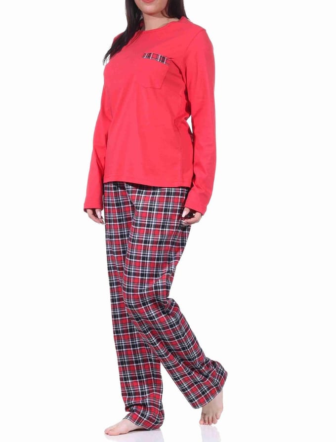 Flanellen damespyjama lang met flanellen broek en jersey top