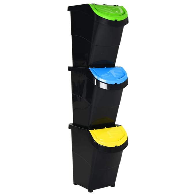 vidaXL - Afvalbakken - met - deksels - stapelbaar - 3 - st - PP - 120 - L - zwart