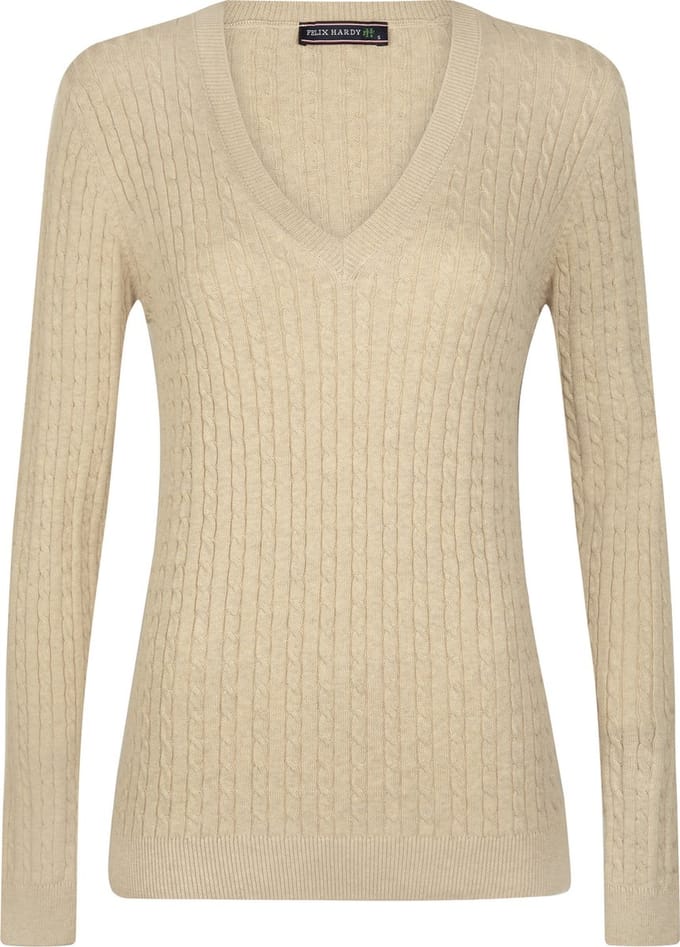 Felix Hardy V-Neck - V Trui - Kabeltrui - 100% Katoen Dames Beige - L