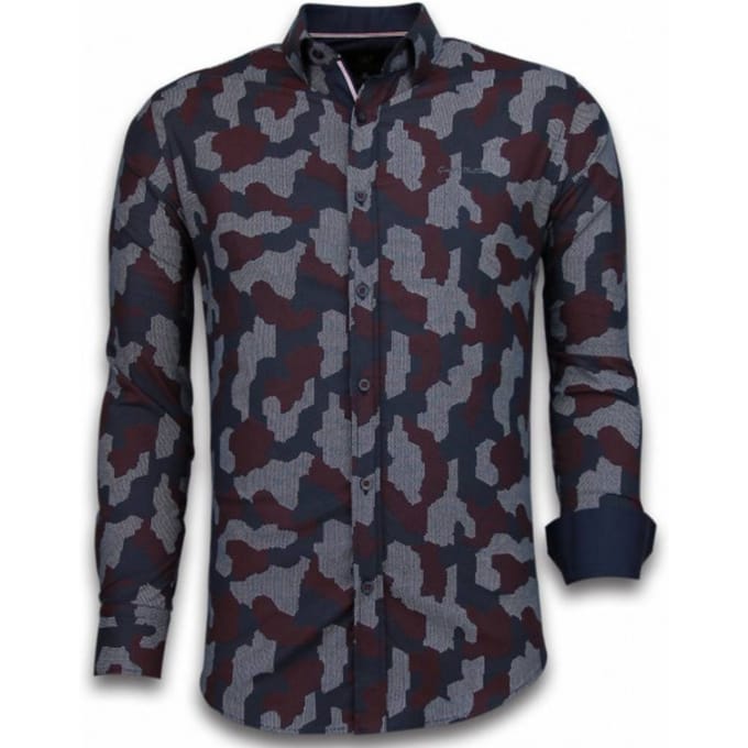 Italiaanse Overhemden - Slim Fit Overhemd - Blouse Dotted Camouflage Pattern - Zwart