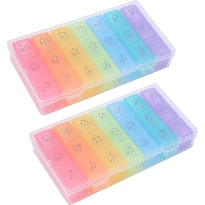 2 stuks 21 vakjes Wekelijkse Pillendoos Draagbare Pillendoos Dispenser Pillen Medicijn Opbergcontainer Etui beige