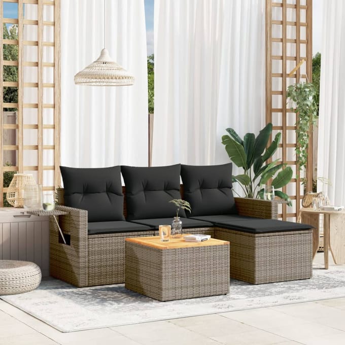 vidaXL - 5-delige - Loungeset - met - kussens - poly - rattan - grijs