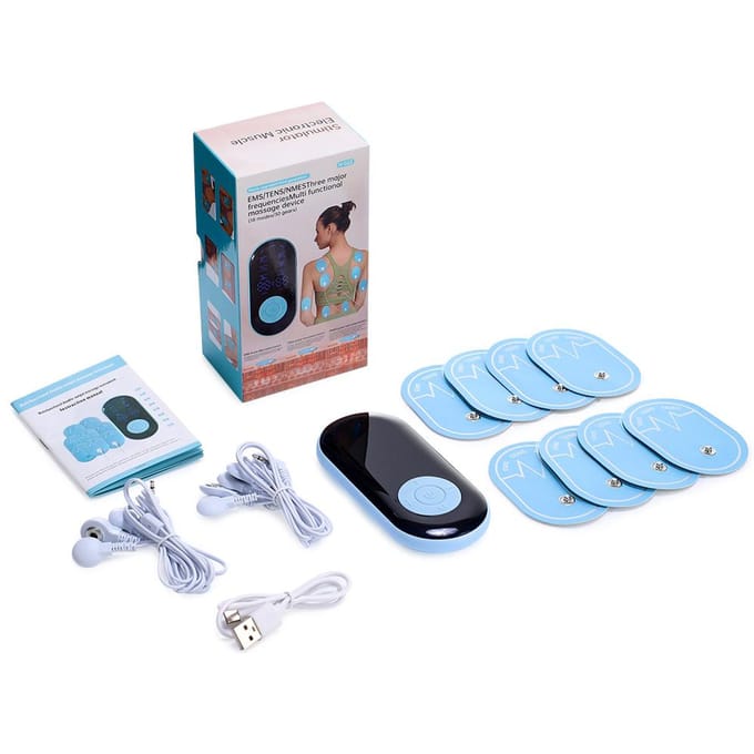 6 Modes TENS Stimulateur Musculaire Électrique Double Canal EMS NMES Réglable Massage Corps Entier Pour Dos Taille Genou bleu
