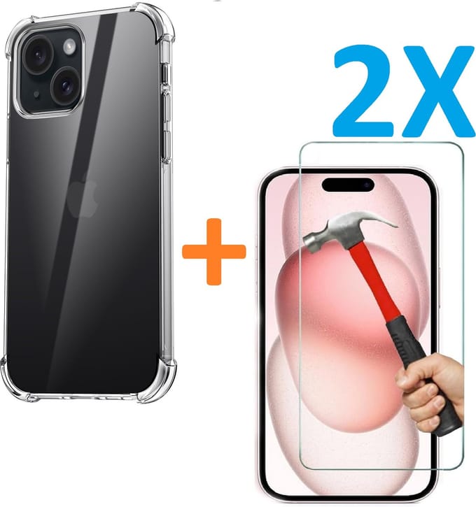 Shock-proof silicone hoesje met 2 Pack Tempered glas Screen Protector - transparant - Geschikt voor: iPhone 15 Plus