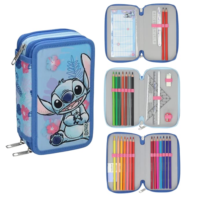 Lilo & Stitch Gevulde Etui - 3 Vaks Pennenetui - 29 delig - Blauw