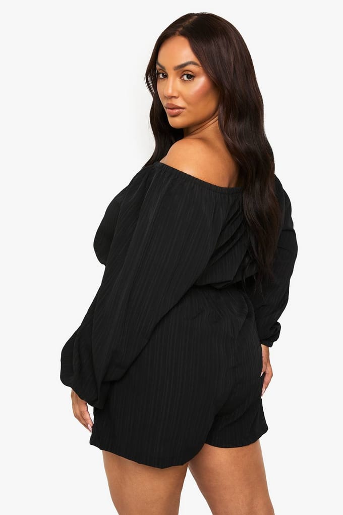 boohoo Dames Plus Getextureerde Cheesecloth Off Shoulder Playsuit | Zwart | Maat: 52