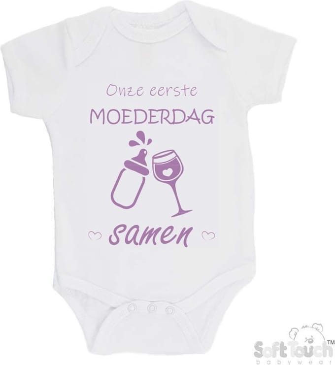 100% katoenen Romper "Onze eerste moederdag samen" Meisjes Katoen Wit/lila Maat 56/62