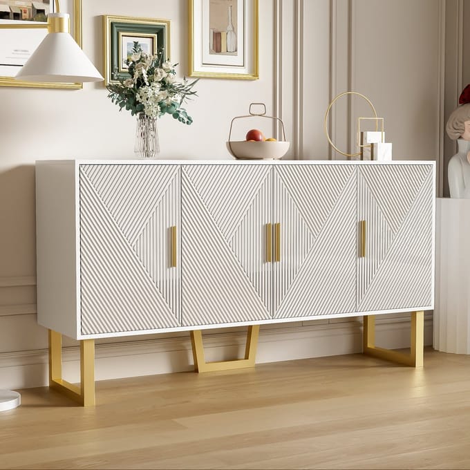 REDOM Sideboard 150 cm wit – modern luxe, hoogglans deuren met structuur, 4-deurs met verstelbare planken, matte gouden poten