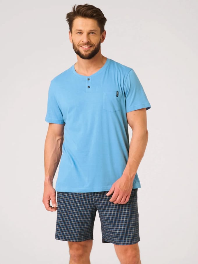 Key Katoenen Heren Pyjama Korte Mouw Ruitprint Blauw MNS 414 M