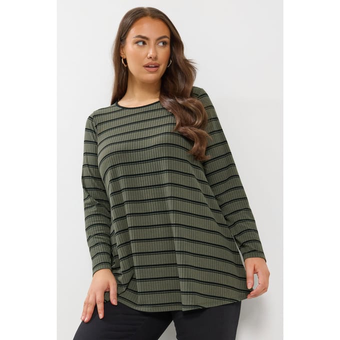 Yours Khaki Groene Gestreepte Geribbelde Swing Top Size 44