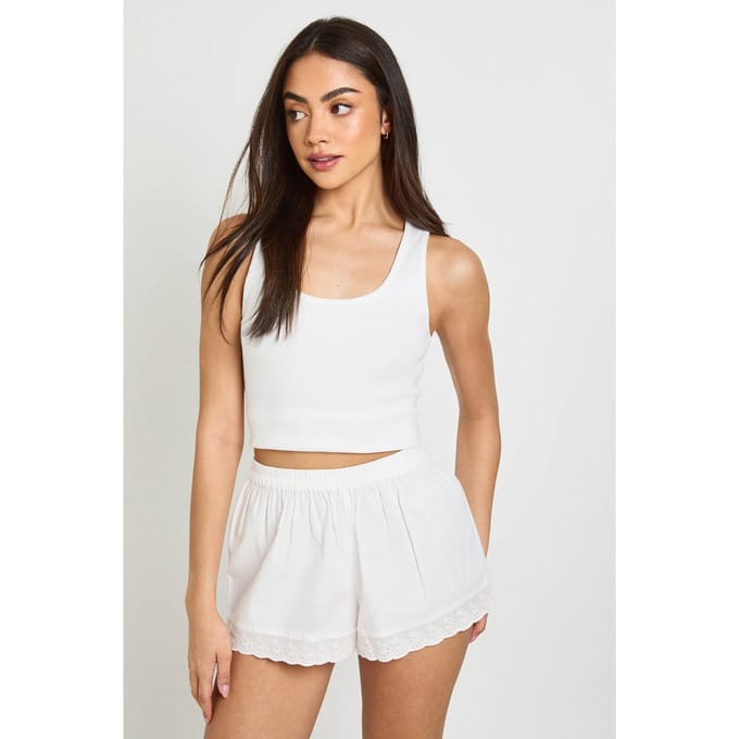 boohoo Dames Poplin Short Met Broderie Afwerking | Wit | Maat: 42