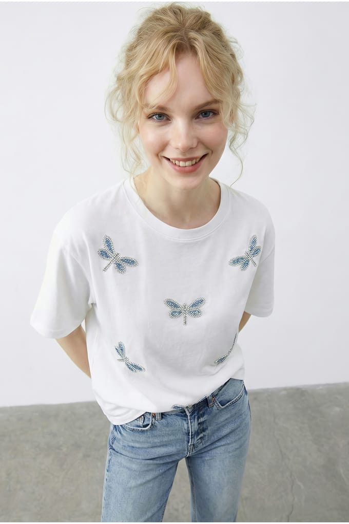Geborduurd Crew Neck Relaxed Fit T-Shirt