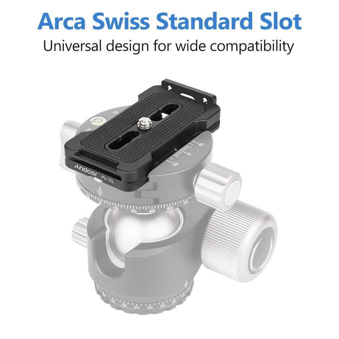 PU-70L Snelkoppelingsplaat QR-plaat 1/4 inch bevestigingsschroef Compatibel met Arca 70mm zwart