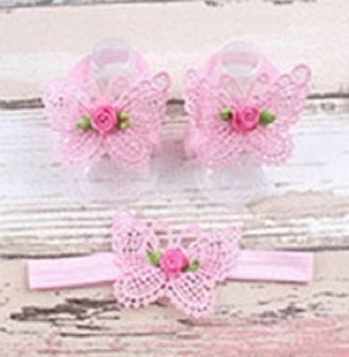 Baby Haarbandje + Voetbandjes Vlinder - Licht Roze