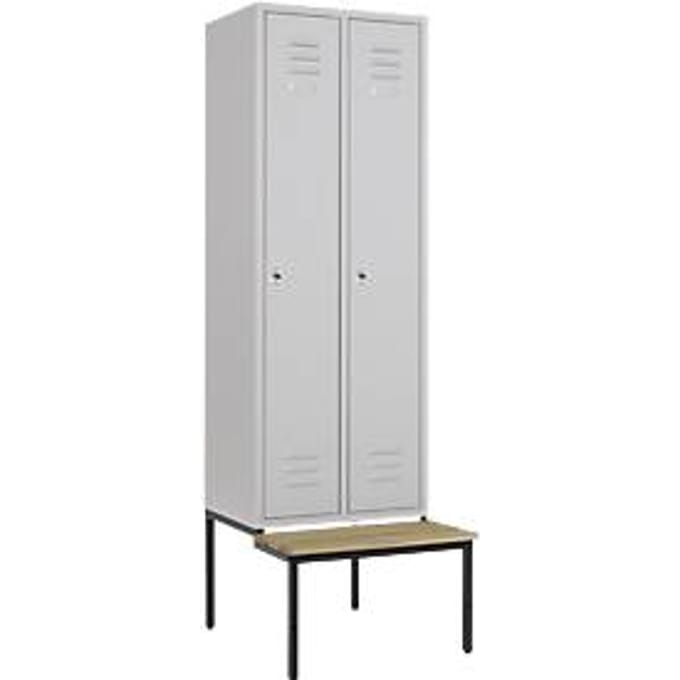 Kledinglocker, 2 compartimenten, 300 mm, draaigrendelslot, zitbank deur lichtgrijs